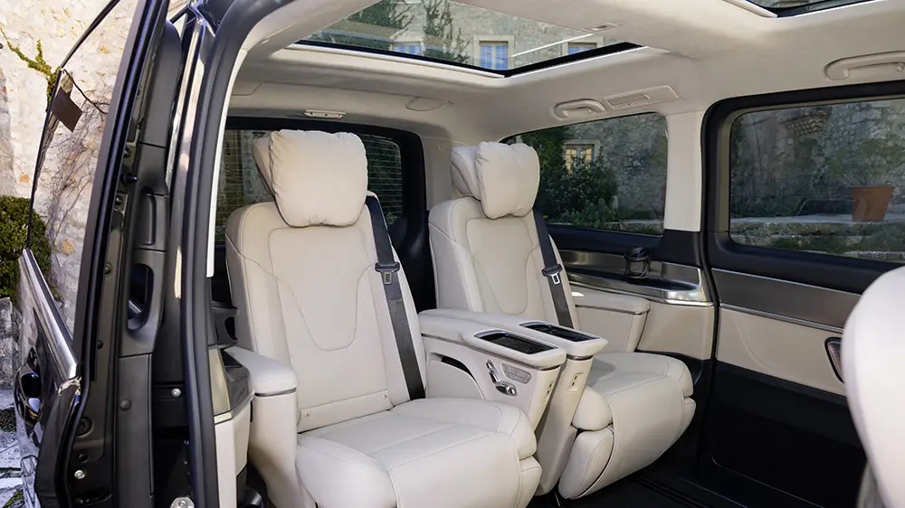 Interior of a Mercedes V-Class to rent in Geneva, Switzerland - premium cabin for Swiss holidays with Deluxe Rental Cars